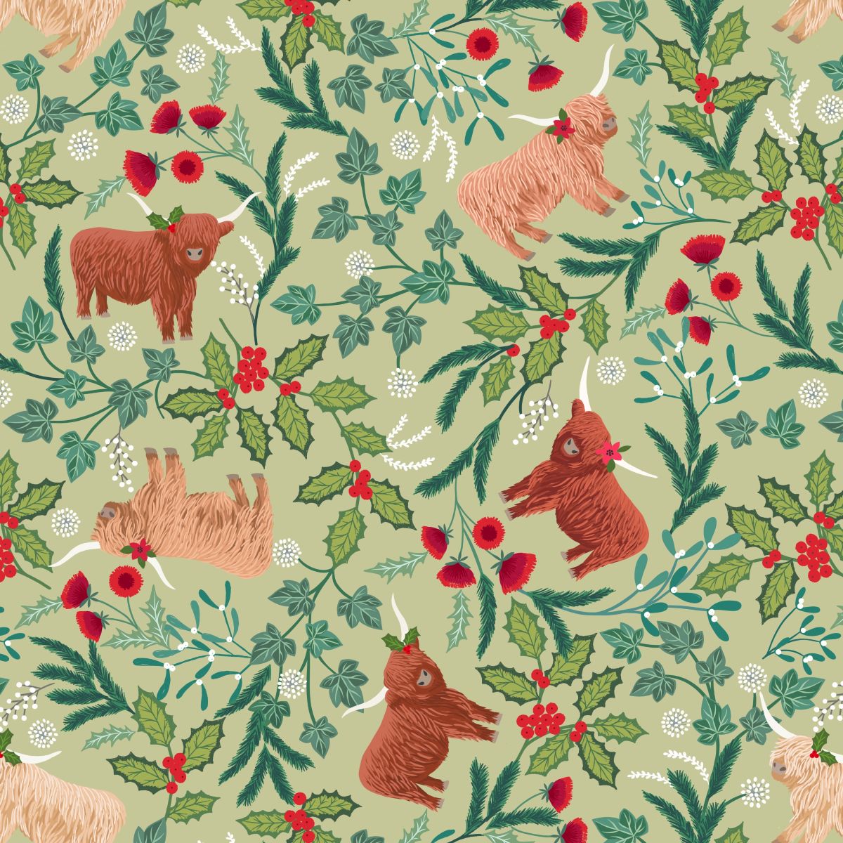 Highland Cows on Festive Sage